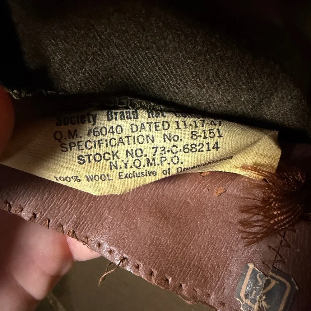 Vintage 1947 US Army Service Cap Frame Wool Olive Drab Leather Visor Size 7-1/8